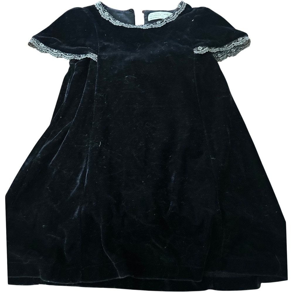 Zara Girls Black Velvet Dress Silver Metallic Lace Trim Holiday Party Size 4 104